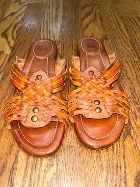 Frye Woven Leather Slide Sandals in Tan and Orange Accents Fisherman Sandal
